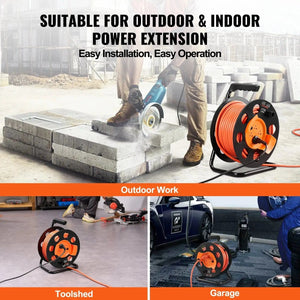 Conversions Tech Default Extension Cord Reel, 100FT, with 4 Outlets and Dust Cover, Heavy Duty 12AWG SJTOW Power Cord, Manual Cord Reel with Portable Han