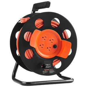 Conversions Tech Default Extension Cord Reel, 100FT, with 4 Outlets and Dust Cover, Heavy Duty 12AWG SJTOW Power Cord, Manual Cord Reel with Portable Han
