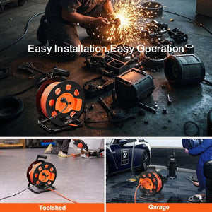 Conversions Tech Default Extension Cord Reel, 100FT, with 4 Outlets and Dust Cover, Heavy Duty 14AWG SJTOW Power Cord, Manual Cord Reel with Portable Han