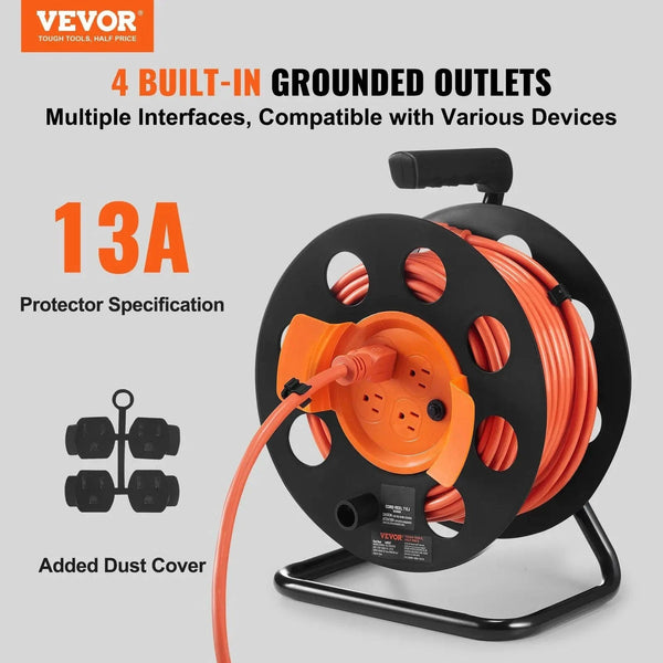 Conversions Tech Default Extension Cord Reel, 100FT, with 4 Outlets and Dust Cover, Heavy Duty 14AWG SJTOW Power Cord, Manual Cord Reel with Portable Han