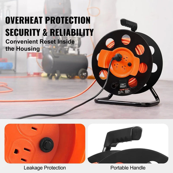 Conversions Tech Default Extension Cord Reel, 100FT, with 4 Outlets and Dust Cover, Heavy Duty 14AWG SJTOW Power Cord, Manual Cord Reel with Portable Han
