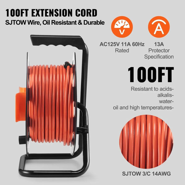 Conversions Tech Default Extension Cord Reel, 100FT, with 4 Outlets and Dust Cover, Heavy Duty 14AWG SJTOW Power Cord, Manual Cord Reel with Portable Han