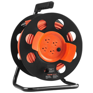 Conversions Tech Default Extension Cord Reel, 100FT, with 4 Outlets and Dust Cover, Heavy Duty 14AWG SJTOW Power Cord, Manual Cord Reel with Portable Han