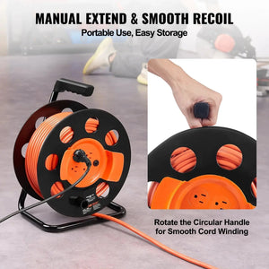 Conversions Tech Default Extension Cord Reel, 100FT, with 4 Outlets and Dust Cover, Heavy Duty 14AWG SJTOW Power Cord, Manual Cord Reel with Portable Han