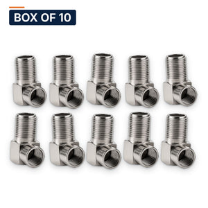 Conversions Tech Coax Accessories Box of 10 ($1.29 ea) F Adapter, Female to Male, 90 Degree | Right Angle for Tight Boxes, 3 GHz | F-90