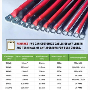 Conversions Tech Factory 10 8 7 6 4 2 0AWG Red Black Super Soft Silicone Tinned Copper Wire Cable With M6 M8 M10 Terminal Lug For Inverter Car