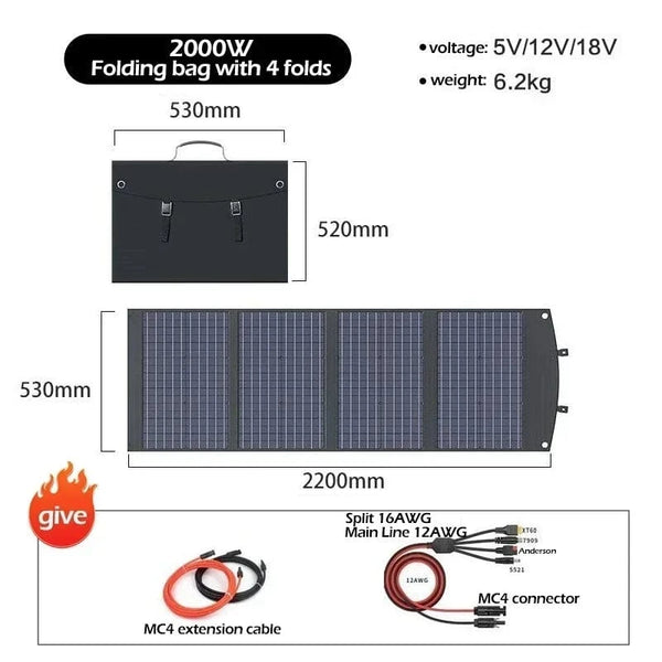 Conversions Tech 2000W Flexible, Foldable, High Efficiency Solar Panel, Travel & Phone & Boat, Portable 12V 2000w 1500w 1000w 500w Solar Panel Kit