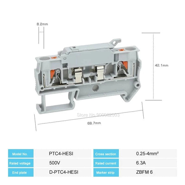 Conversions Tech Fush Terminal Block 10Pcs PTC4-HESI Disconnect Lever Push-in Connector Din Mount With 5x20mm 0.5A-10A Fuse PTC 4-HESI