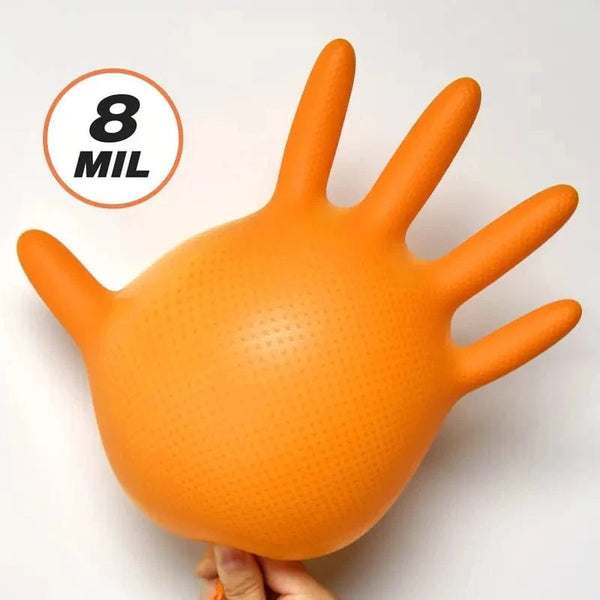 Conversions Tech Heavy Duty Orange Nitrile Gloves 8Mil Industrial Disposable Gloves with Diamond Textured Grip for Mechanic Safety & Work Gloves