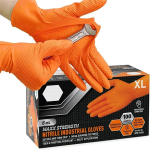 Conversions Tech Heavy Duty Orange Nitrile Gloves 8Mil Industrial Disposable Gloves with Diamond Textured Grip for Mechanic Safety & Work Gloves