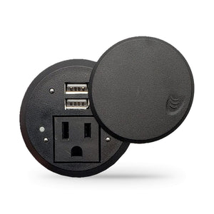 Conversions Tech Embedded Power Hideaway Desk Power, Round with Magnetic Lid, Black | 1 AC, 2 USB-A | 1666-008