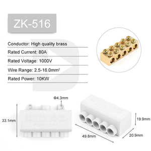 Conversions Tech ZK-516 High Power 1 in multiple out Cable Splicing 60A/400V 1-6mm2 Wire Connector Screw Wiring Terminal Block 80A/1000V 2.5-16mm2