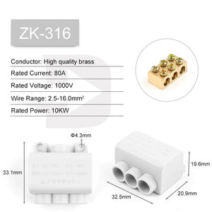 Conversions Tech ZK-316 High Power 1 in multiple out Cable Splicing 60A/400V 1-6mm2 Wire Connector Screw Wiring Terminal Block 80A/1000V 2.5-16mm2