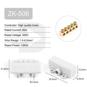 Conversions Tech ZK-506 High Power 1 in multiple out Cable Splicing 60A/400V 1-6mm2 Wire Connector Screw Wiring Terminal Block 80A/1000V 2.5-16mm2