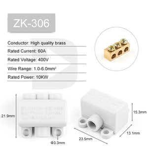 Conversions Tech ZK-306 High Power 1 in multiple out Cable Splicing 60A/400V 1-6mm2 Wire Connector Screw Wiring Terminal Block 80A/1000V 2.5-16mm2