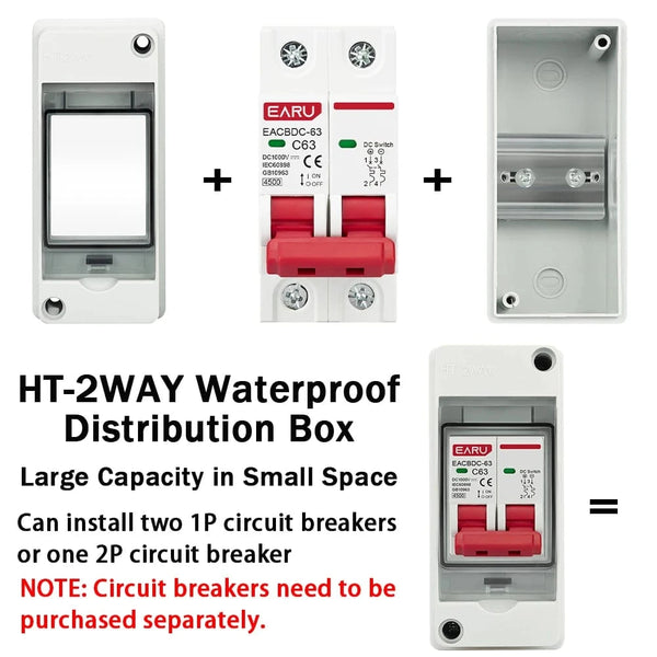 Conversions Tech HT-2 IP65 Waterproof Distribution Breaker Box Panel Installation 2 WAY PC ABS Plastic Outdoor Electrical MCB Solar Junction Box