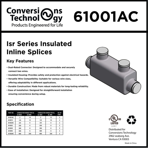 Conversions Technology Insulated Inline Splice 6 AWG - 2/0 AWG  Black UL Listed