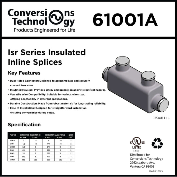 Conversions Technology Insulated Inline Splice 6 AWG - 2/0 AWG  Black UL Listed