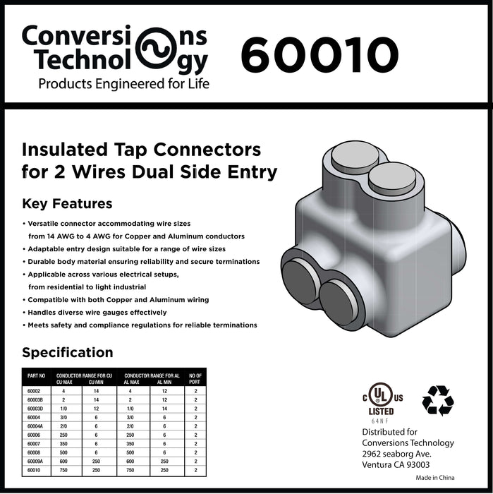 Conversions Technology Insulated Tap Connectors  2 Ports Dual-Side Entry 750MCM-1/0 AWG
