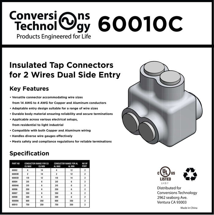Conversions Technology Insulated Tap Connectors  2 Ports Dual-Side Entry 750MCM-1/0 AWG
