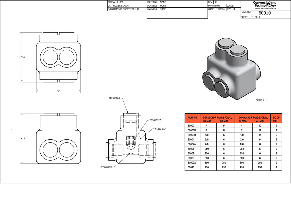 Conversions Technology Insulated Tap Connectors  2 Ports Dual-Side Entry 750MCM-1/0 AWG