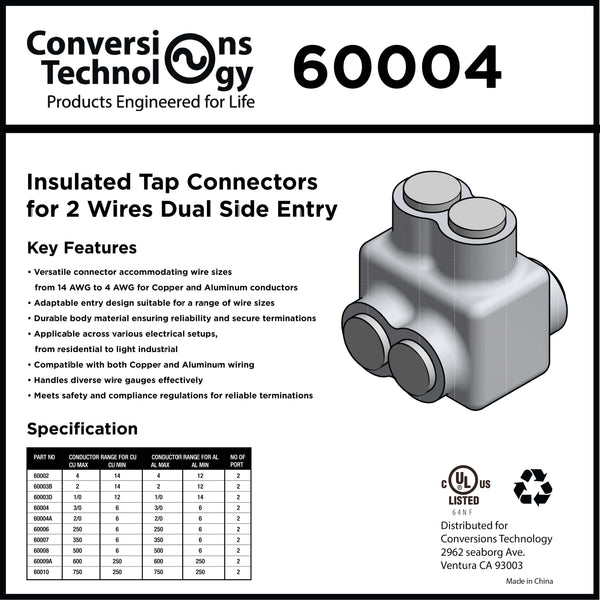 Conversions Technology Insulated Tap Connectors for Two Wires Dual-Side Entry Min 6 Max 3/0 - 2 Ports