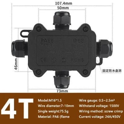 Conversions Tech 1F-4T 7-10mm IP68 Outdoor Waterproof Junction Box – Black,  3 Way Mini Connector Box with PC Plastic and Terminal, Designed for Buried Wires