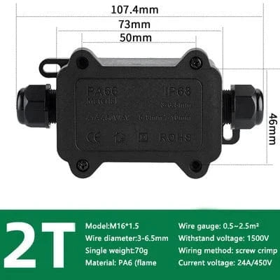 Conversions Tech 1F-2T 3-6.5mm IP68 Outdoor Waterproof Junction Box – Black,  3 Way Mini Connector Box with PC Plastic and Terminal, Designed for Buried Wires