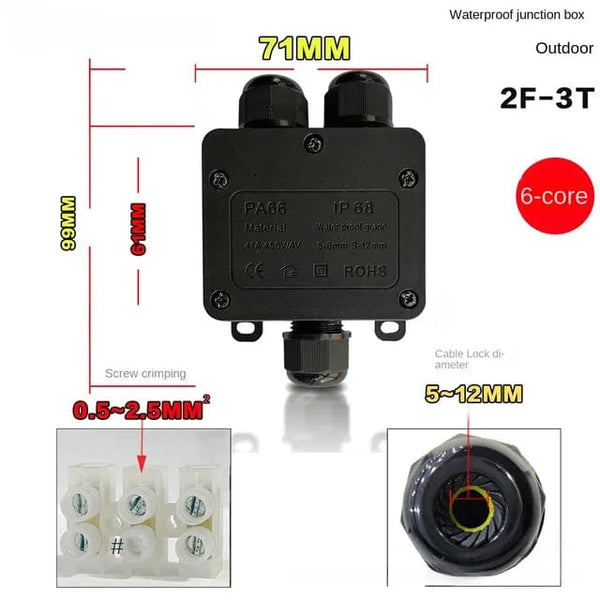 Conversions Tech 2F-3T 6COLE IP68 Outdoor Waterproof Junction Box – Black,  3 Way Mini Connector Box with PC Plastic and Terminal, Designed for Buried Wires