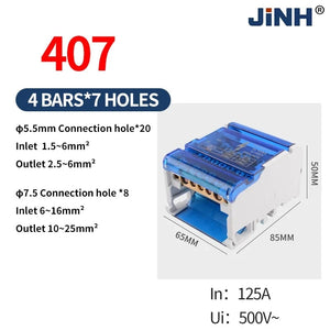 Conversions Tech JH8407 JINH JH8 Din Rail Terminal Block 207/211/215/407/411/415/2X7/4X7 Bar Distribution Block Screw Electric Wire Power Junction Box