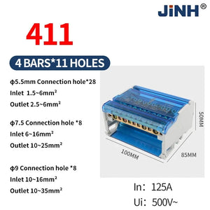 Conversions Tech JH8411 JINH JH8 Din Rail Terminal Block 207/211/215/407/411/415/2X7/4X7 Bar Distribution Block Screw Electric Wire Power Junction Box