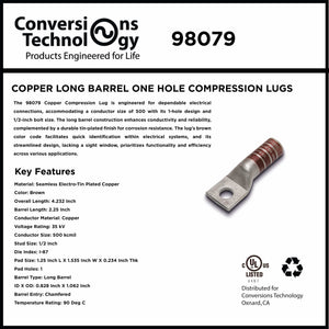 Conversions Tech Electrical > Connectors > Compression Lugs Long Barrel Compression Lug 500 MCM 1/2" Bolt | 90°C Tin-Plated Copper
