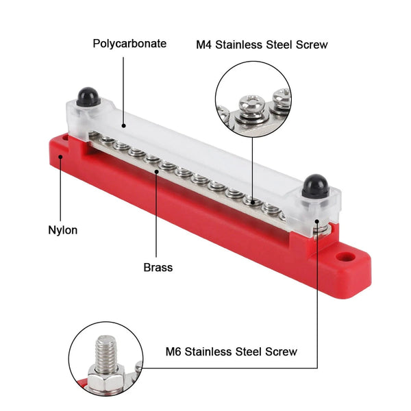 Conversions Tech M6 12V Terminal Block Bus Bar 1/4 Inch Stud 150A Electrical Power Distribution Block Bus Bar for Truck Boat Camper RV Caravan