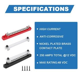 Conversions Tech M6 12V Terminal Block Bus Bar 1/4 Inch Stud 150A Electrical Power Distribution Block Bus Bar for Truck Boat Camper RV Caravan