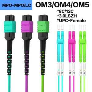 Conversions Tech MPO to MPO/LC Fiber Optic Cable OM3/OM4/OM5 8/12Core Multi-Mode Patch Trunk Jumper Cord 40Gb/100Gb Female Type B UPC LSZH Jacket