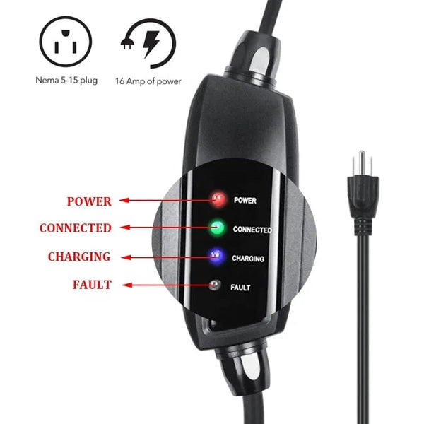 Conversions Tech Black / EU NEMA 5-15 Level 1 EV Charger 110V 16 Amp with 21 ft Extension Cord  Compatible with J1772 EVs