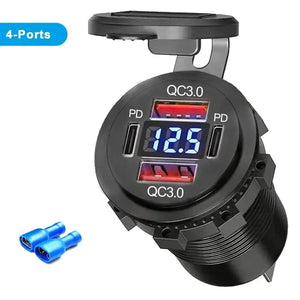 Conversions Tech 4-Ports NEW 96W Dual PD Dual QC 3.0 USB Car Charger with Voltmeter Socket Power Outlet Adapter Waterproof for 12V/24V Car Boat Hot Sale
