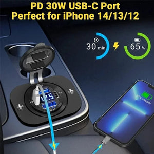 Conversions Tech NEW 96W Dual PD Dual QC 3.0 USB Car Charger with Voltmeter Socket Power Outlet Adapter Waterproof for 12V/24V Car Boat Hot Sale