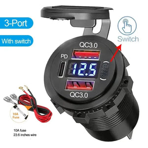 Conversions Tech 3-Ports with Wire NEW 96W Dual PD Dual QC 3.0 USB Car Charger with Voltmeter Socket Power Outlet Adapter Waterproof for 12V/24V Car Boat Hot Sale