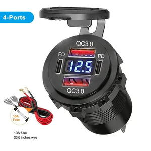 Conversions Tech 4-Ports with Wire NEW 96W Dual PD Dual QC 3.0 USB Car Charger with Voltmeter Socket Power Outlet Adapter Waterproof for 12V/24V Car Boat Hot Sale
