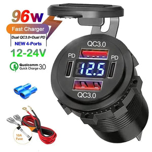 Conversions Tech NEW 96W Dual PD Dual QC 3.0 USB Car Charger with Voltmeter Socket Power Outlet Adapter Waterproof for 12V/24V Car Boat Hot Sale