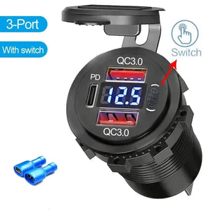 Conversions Tech 3-Ports Switch NEW 96W Dual PD Dual QC 3.0 USB Car Charger with Voltmeter Socket Power Outlet Adapter Waterproof for 12V/24V Car Boat Hot Sale