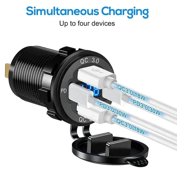 Conversions Tech NEW 96W Dual PD Dual QC 3.0 USB Car Charger with Voltmeter Socket Power Outlet Adapter Waterproof for 12V/24V Car Boat Hot Sale