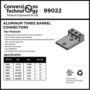 Conversions Tech Electrical > Connectors > Aluminum Connectors Panelboard Connector, 3-Barrel, 1-Hole | 6 AWG to 250 kcmil, 1/2 in Stud, Dual-Rated AL9CU, UL 486B | 210-99022