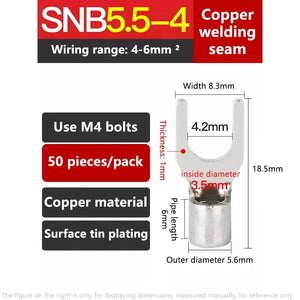 Conversions Tech SNB5-4 (50 pieces) Phoenix Snb1.25-3/4/5/6/8 Automotive Terminal Block Copper Wire Lug Connector Fork-Shaped U-Shaped Cold-Pressed Copper National