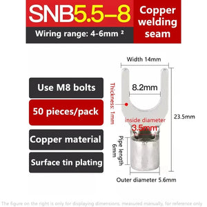Conversions Tech SNB5-8 (50 pieces) Phoenix Snb1.25-3/4/5/6/8 Automotive Terminal Block Copper Wire Lug Connector Fork-Shaped U-Shaped Cold-Pressed Copper National
