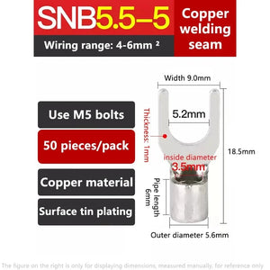 Conversions Tech SNB5-5 (50 pieces) Phoenix Snb1.25-3/4/5/6/8 Automotive Terminal Block Copper Wire Lug Connector Fork-Shaped U-Shaped Cold-Pressed Copper National
