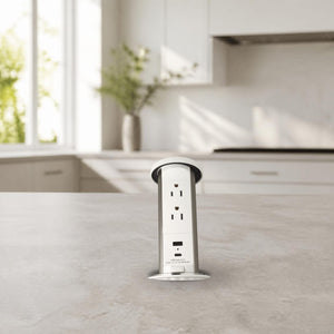 Conversions Tech Embedded Power Pop-Up Countertop Power, Push-Lift, White and Silver | 2 AC, USB-A, USB-C | 1666-7010