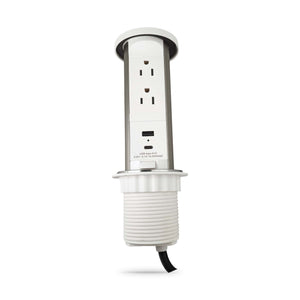 Conversions Tech Embedded Power Pop-Up Countertop Power, Push-Lift, White and Silver | 2 AC, USB-A, USB-C | 1666-7010