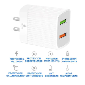 Conversions Tech QC 3.0 Fast Charger for Android Cell Phone 24W 2 USB 2.4A Micro V8 Cable 5V 3A Short Circuit SCP Adapters Compatible US UK